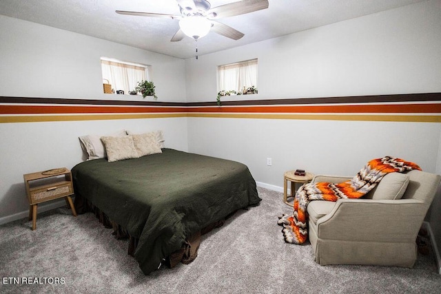 bedroom featuring carpet floors, ceiling fan, and baseboards