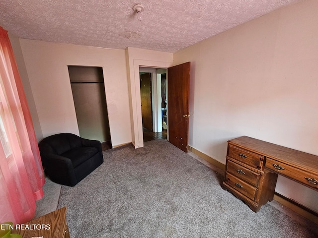 sitting room featuring a textured ceiling and carpet floors