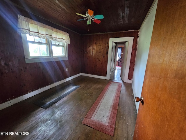 spare room featuring wood ceiling, ceiling fan, wood walls, and hardwood / wood-style flooring