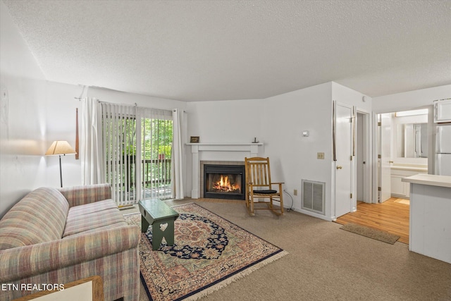 living room featuring a textured ceiling and light hardwood / wood-style flooring