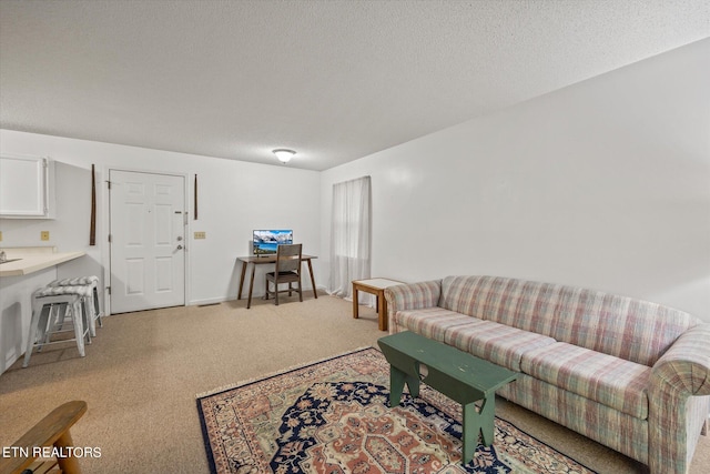 living room featuring light colored carpet and a textured ceiling