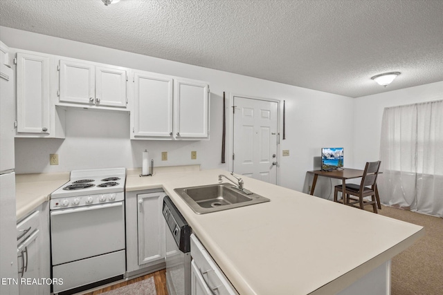 kitchen featuring a sink, white cabinetry, light countertops, and white electric range