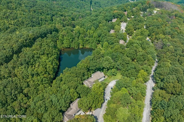 drone / aerial view featuring a water view and a wooded view