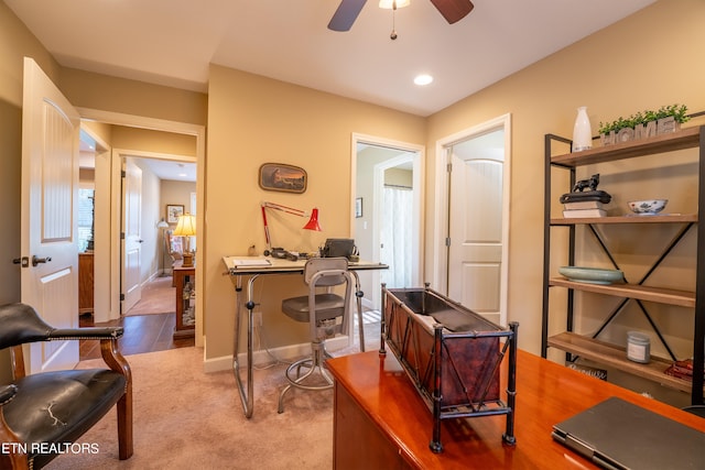 office area featuring ceiling fan and hardwood / wood-style floors