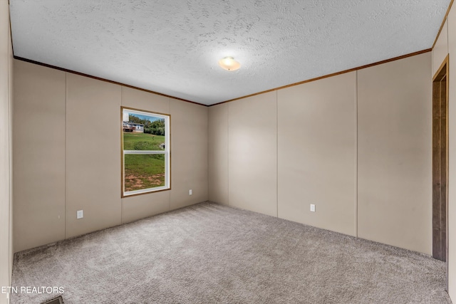 carpeted empty room featuring a textured ceiling and ornamental molding