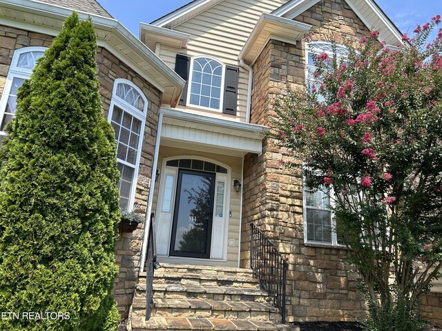 entrance to property with stone siding