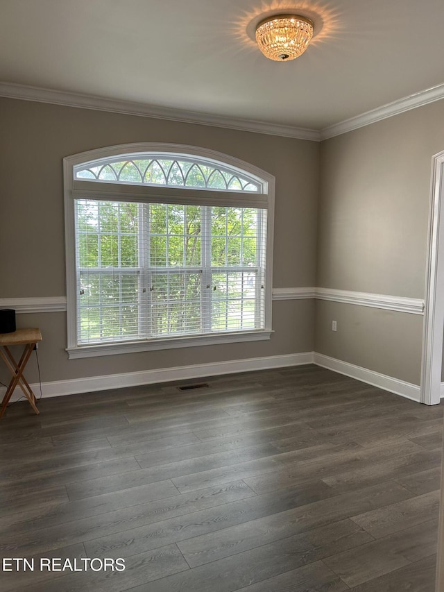 unfurnished room featuring a healthy amount of sunlight, baseboards, and dark wood-style flooring