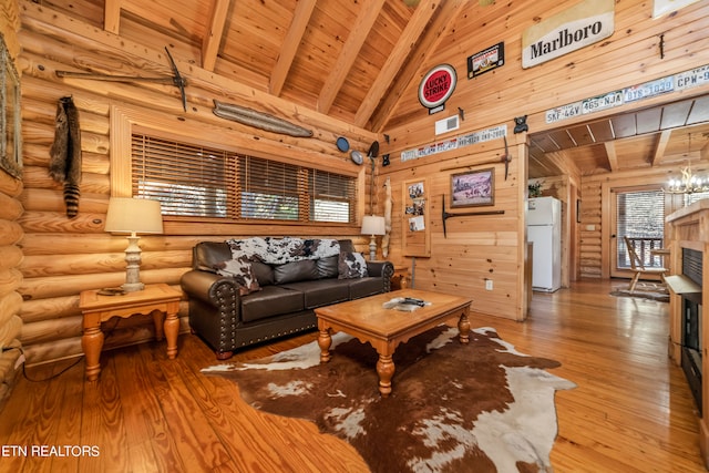 living room featuring wood ceiling, wooden walls, high vaulted ceiling, wood-type flooring, and a notable chandelier