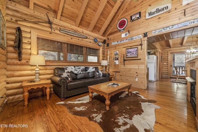 living room with wood ceiling, wood finished floors, beamed ceiling, an inviting chandelier, and high vaulted ceiling