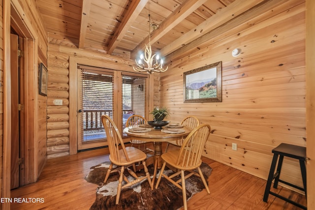 dining room featuring a chandelier, wooden ceiling, beamed ceiling, and light wood finished floors