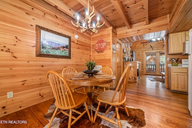 dining area featuring an inviting chandelier, light hardwood / wood-style flooring, wooden walls, wooden ceiling, and beamed ceiling