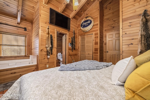 bedroom with high vaulted ceiling, wood walls, wooden ceiling, and beam ceiling