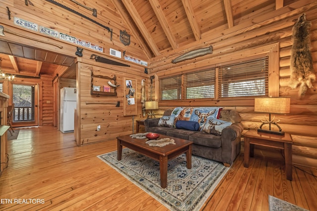 living room with wood ceiling, beamed ceiling, and light wood finished floors