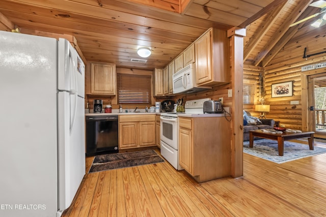 kitchen featuring vaulted ceiling with beams, light wood-style flooring, white appliances, wood ceiling, and light countertops