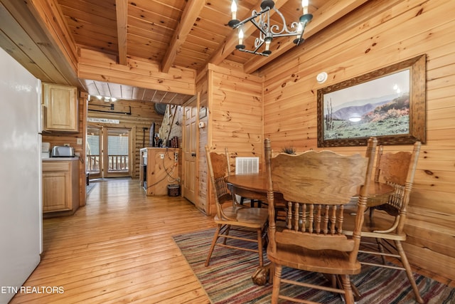 dining room with light wood-style floors, wood ceiling, wood walls, a chandelier, and beamed ceiling