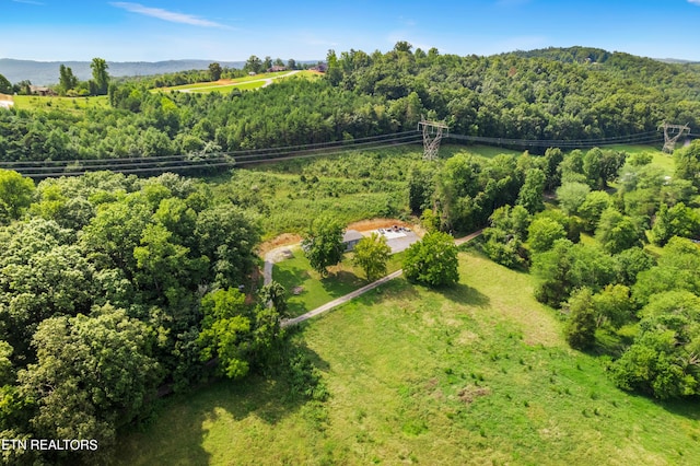 bird's eye view with a wooded view