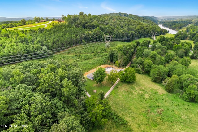 birds eye view of property featuring a wooded view