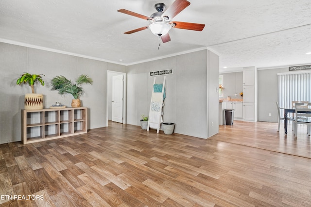 interior space with ceiling fan, a textured ceiling, light hardwood / wood-style flooring, and ornamental molding