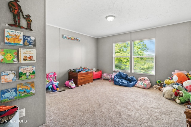 game room with carpet, a textured ceiling, and ornamental molding