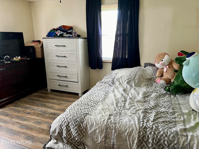 bedroom with dark hardwood / wood-style flooring