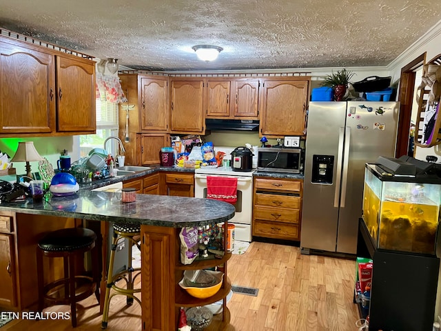 kitchen featuring light hardwood / wood-style flooring, kitchen peninsula, ornamental molding, sink, and appliances with stainless steel finishes