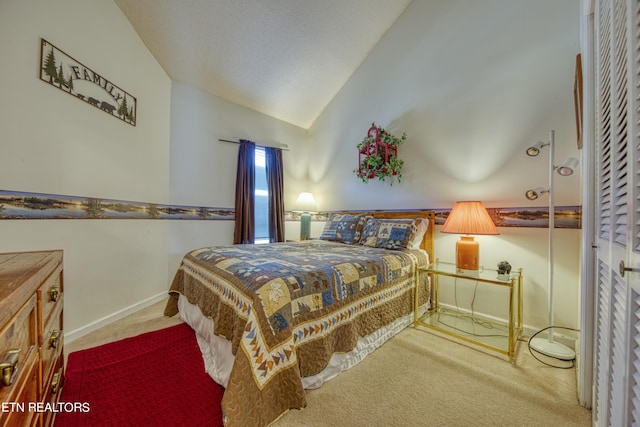 carpeted bedroom with a closet and lofted ceiling