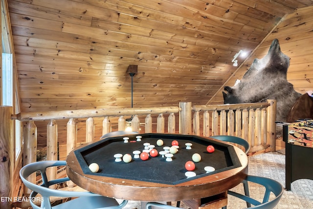 recreation room with vaulted ceiling and wooden ceiling