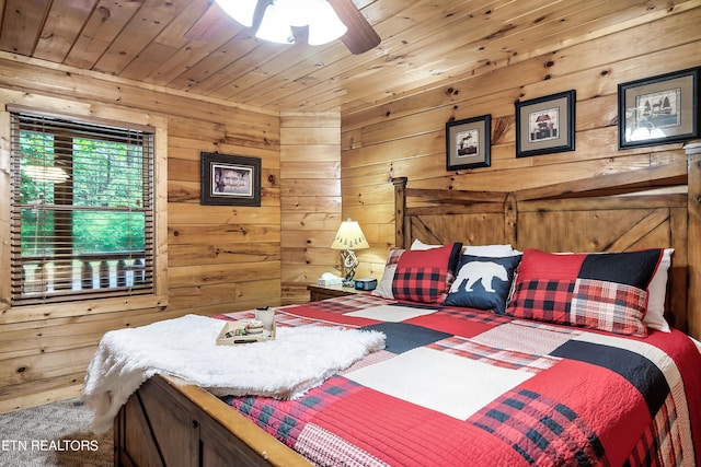 bedroom featuring wooden walls, ceiling fan, and wooden ceiling