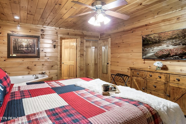 bedroom with wood walls, ceiling fan, and wooden ceiling