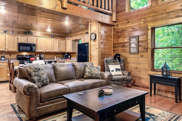 living room featuring wood walls and light hardwood / wood-style floors