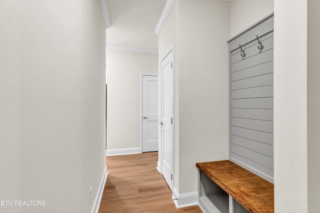 mudroom featuring ornamental molding and light wood-type flooring