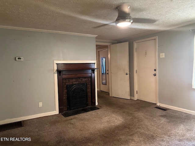 unfurnished living room featuring visible vents, baseboards, ceiling fan, carpet flooring, and a brick fireplace