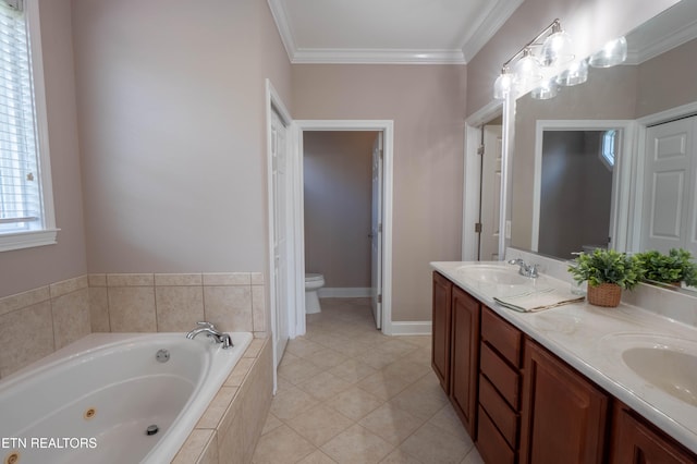 bathroom featuring dual bowl vanity, tile patterned floors, crown molding, toilet, and a relaxing tiled tub