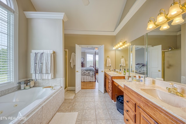 bathroom with crown molding, tile patterned flooring, vanity, and plus walk in shower