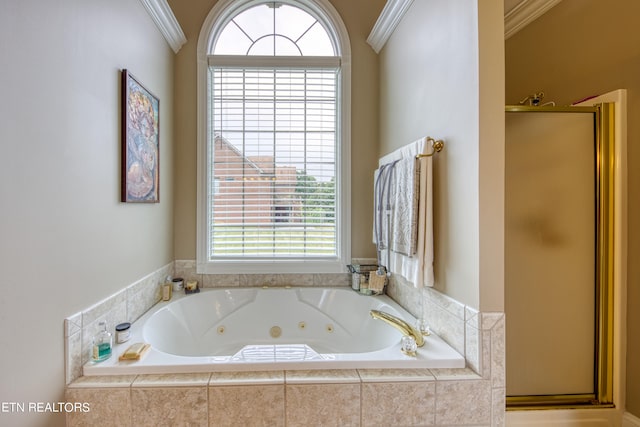 bathroom featuring ornamental molding and independent shower and bath