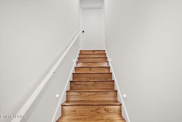 stairway featuring wood finished floors