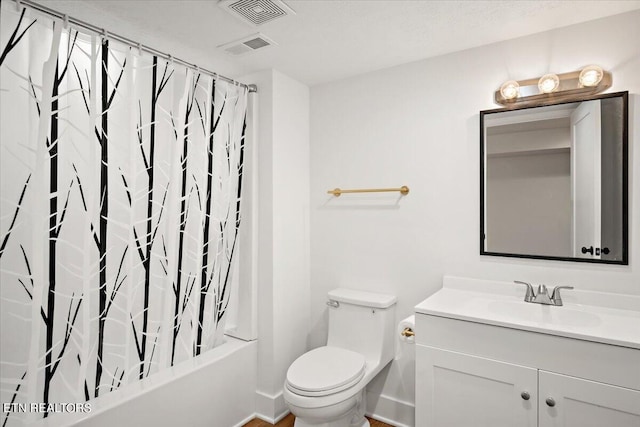 bathroom with visible vents, shower / bath combination with curtain, toilet, and vanity