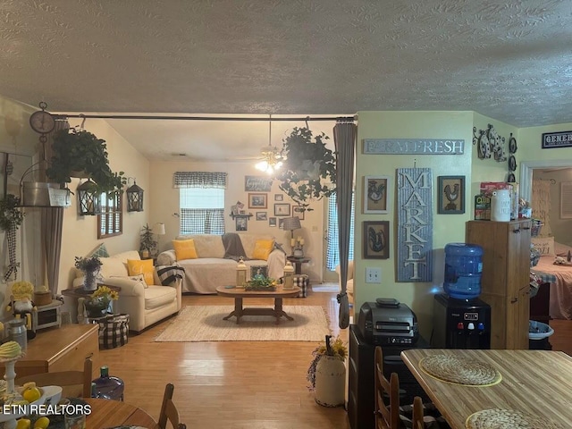 living room featuring a textured ceiling and light hardwood / wood-style floors