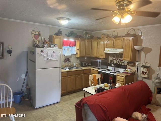 kitchen featuring ornamental molding, sink, light tile patterned floors, white appliances, and ceiling fan