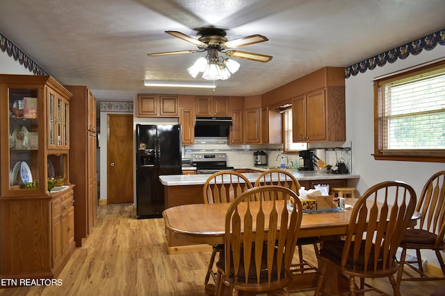 kitchen featuring electric stove, a healthy amount of sunlight, black fridge with ice dispenser, and a sink