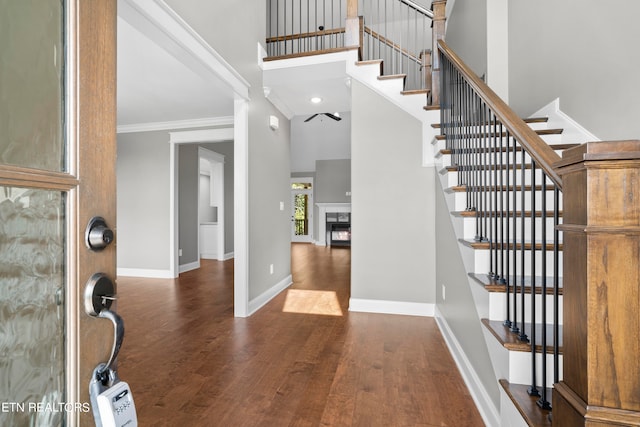 foyer entrance with crown molding, dark hardwood / wood-style floors, and a towering ceiling