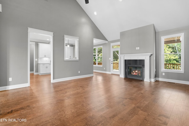 unfurnished living room featuring high vaulted ceiling, wood-type flooring, and a wealth of natural light