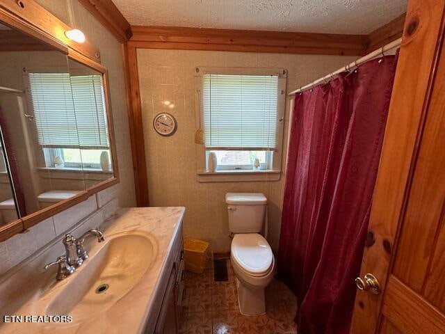 bathroom featuring a textured ceiling, plenty of natural light, toilet, and vanity