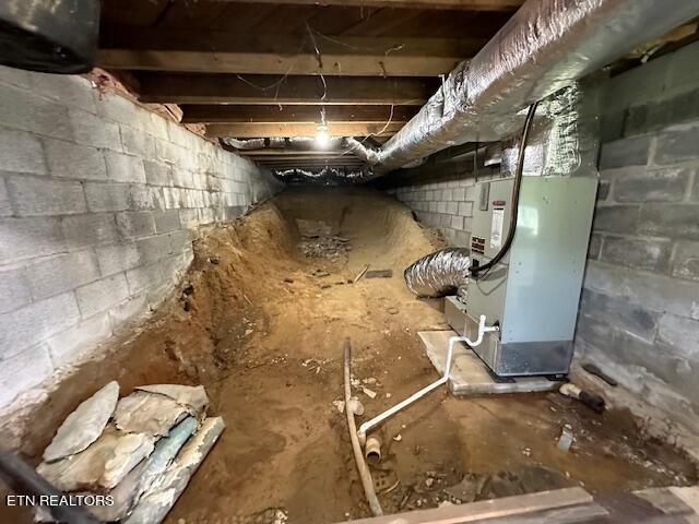 basement featuring heating unit