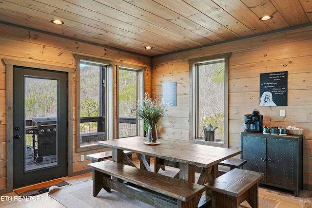 dining room with wooden walls and a healthy amount of sunlight