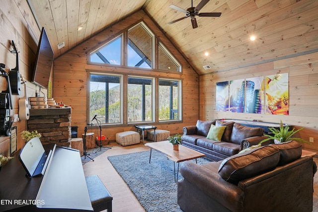 living room featuring ceiling fan, light hardwood / wood-style flooring, wooden walls, and wooden ceiling