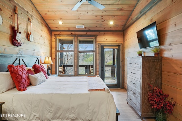 bedroom featuring light wood-type flooring, vaulted ceiling, wood ceiling, and wood walls