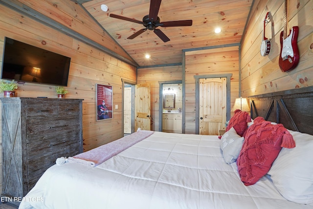 bedroom featuring ceiling fan, vaulted ceiling, connected bathroom, and wood ceiling