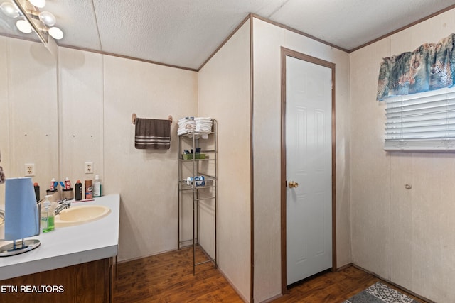 bathroom featuring a textured ceiling, hardwood / wood-style floors, and vanity