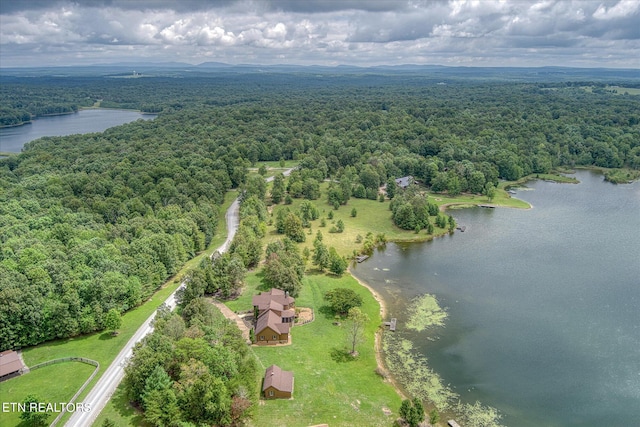 drone / aerial view with a water view